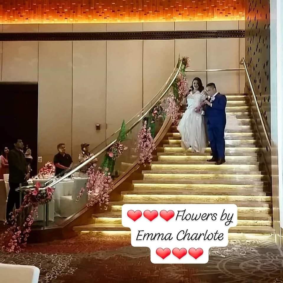 Wedding staircase floral styling by Flowers by Emmac Charlote